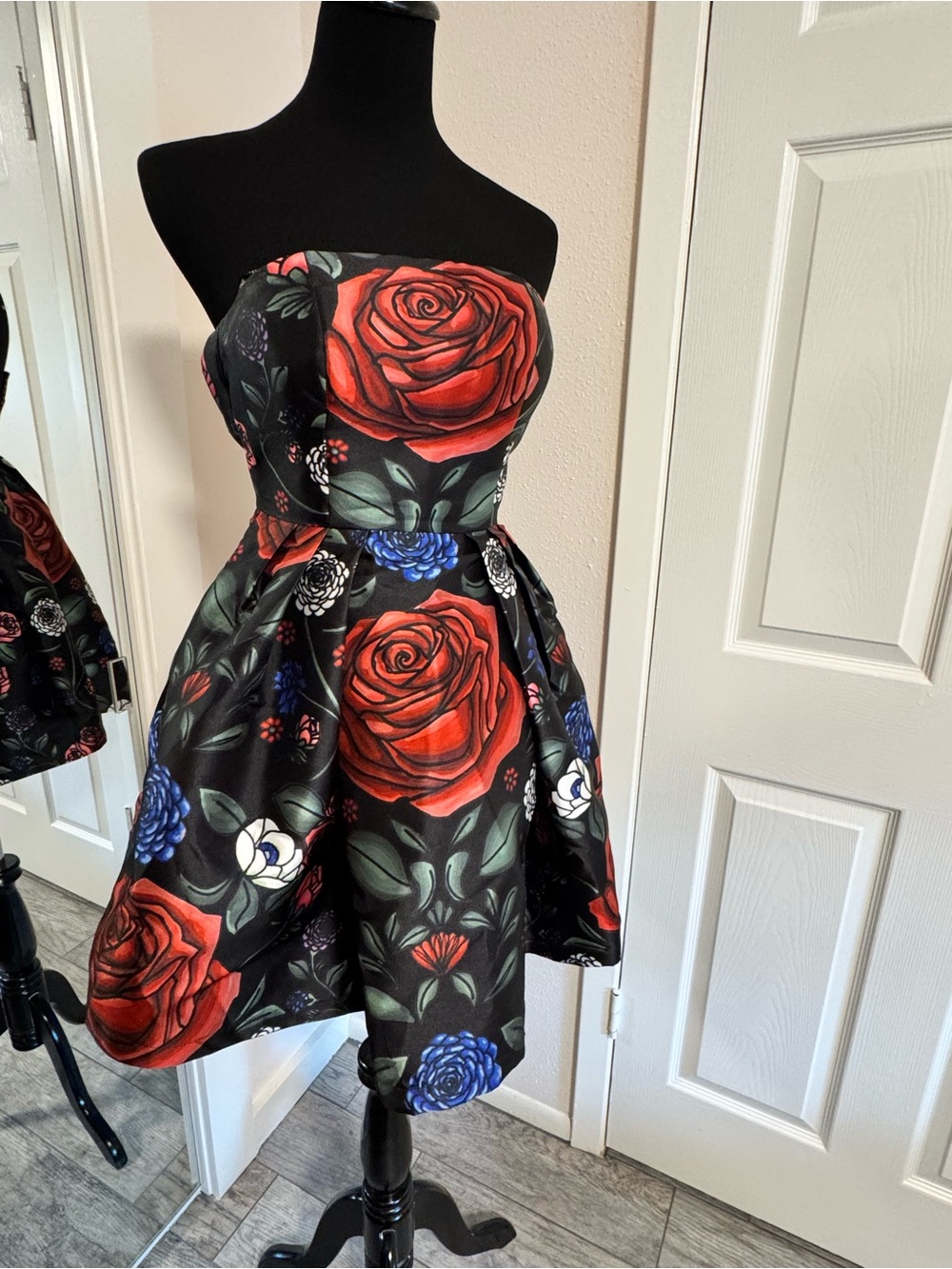Chi Chi London Black Strapless Floral Fit-and-Flare Dress with Red Roses